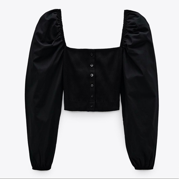 NWT BLACK SQUARE OFF SHOULDER BUTTON CROP TOP W LONG SLEEVES SZ SMALL - Picture 1 of 3